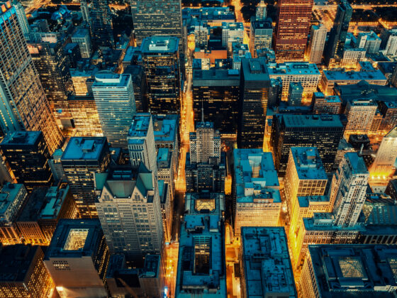 Orange glowing streets in business hotspot city